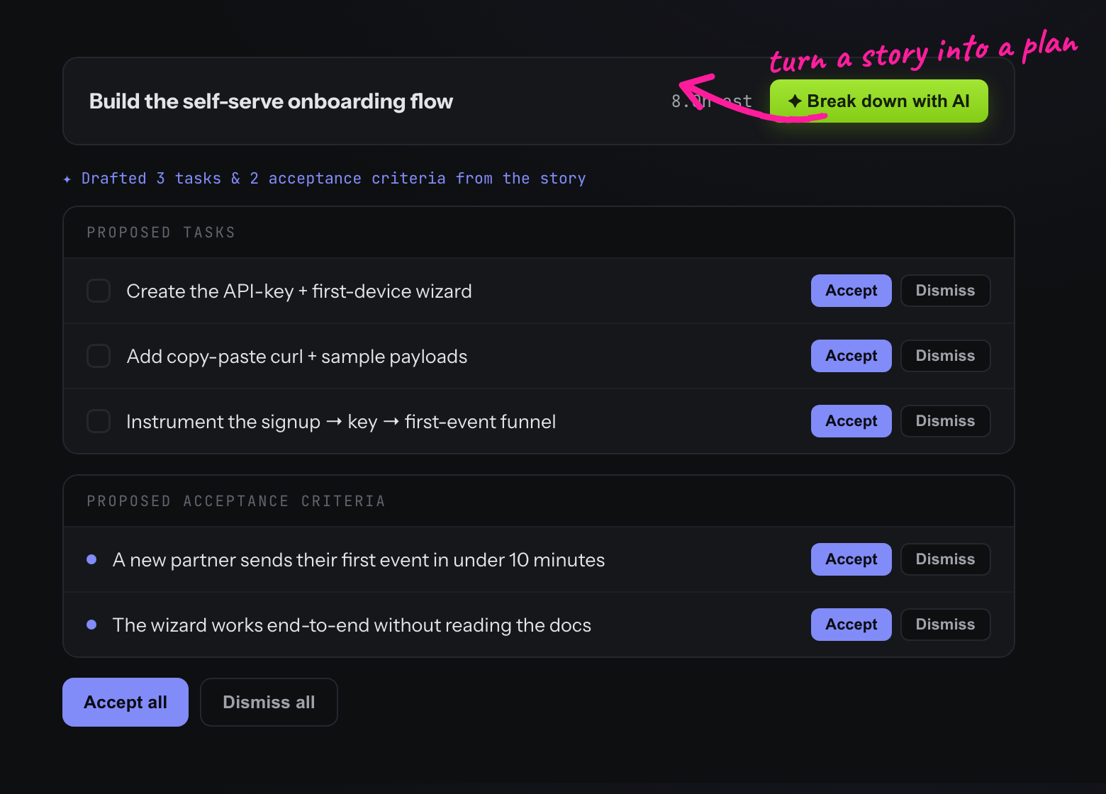 AI breaking a story down into proposed tasks and acceptance criteria