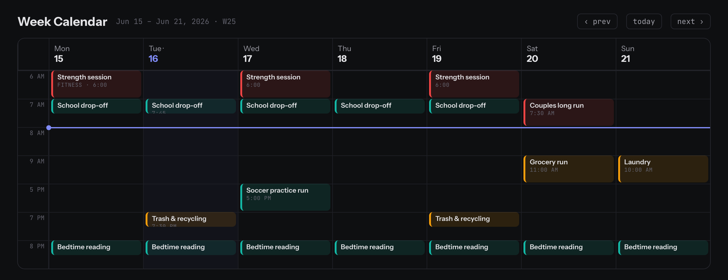 The week calendar laying out recurring routines by day and hour