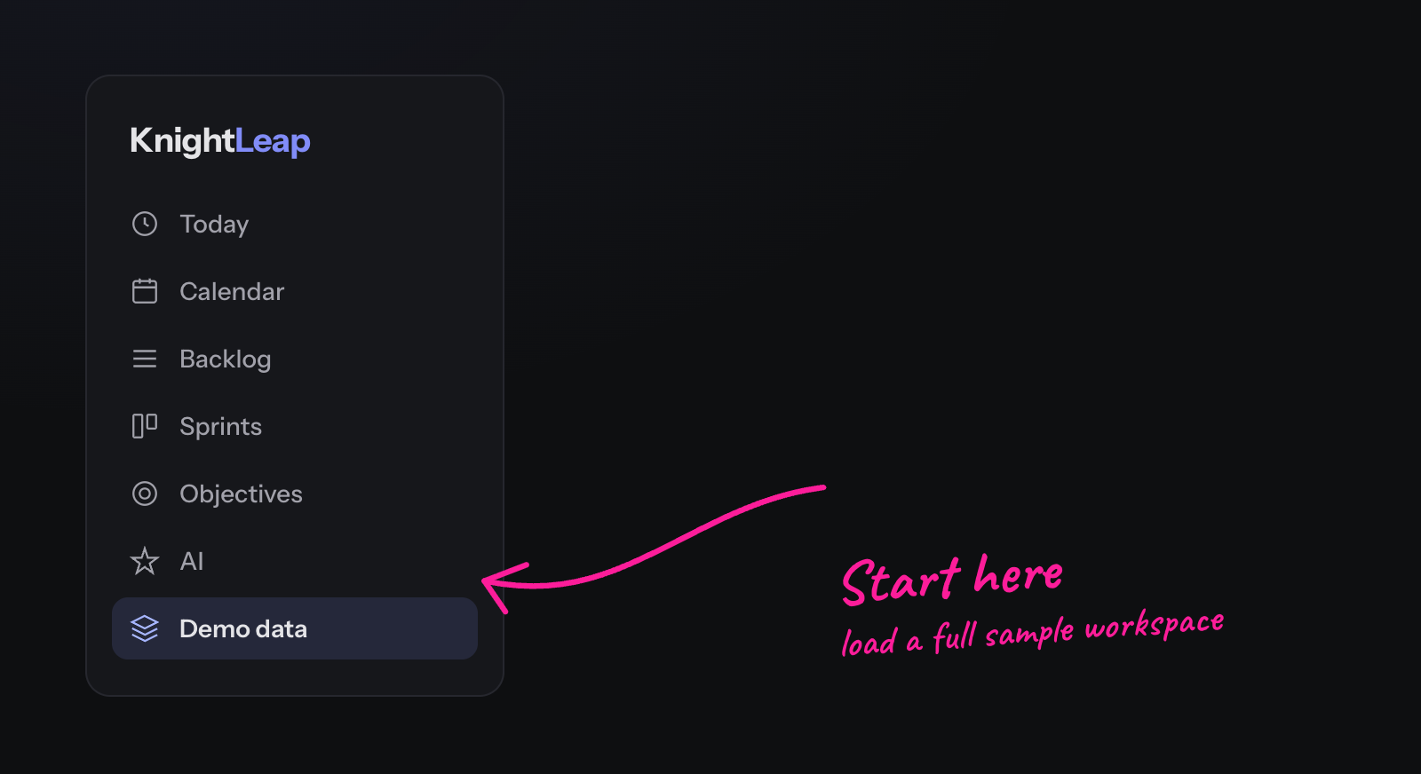 The left navigation with the Demo data link highlighted and a pink arrow pointing to it