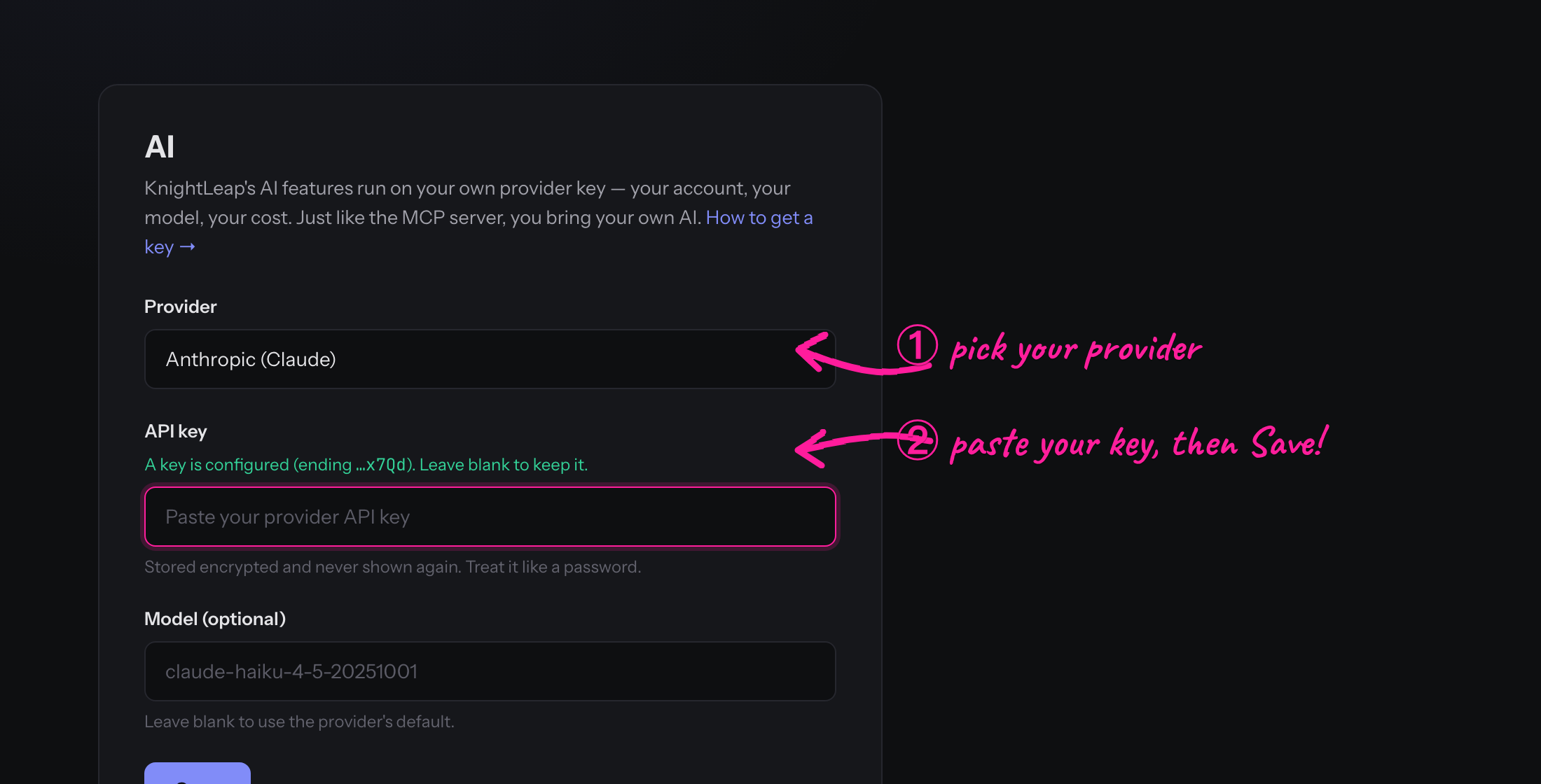 Settings → AI: choose a provider and paste your API key